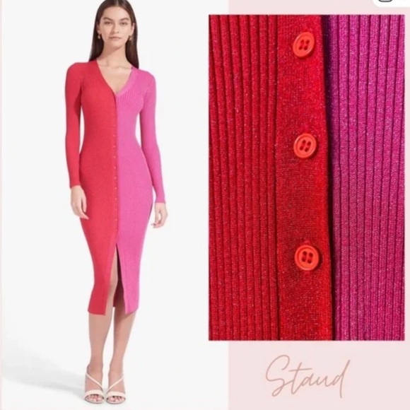 STAUD Two-Tone Pink and Red Long Sleeve Dress - Picture 3 of 14